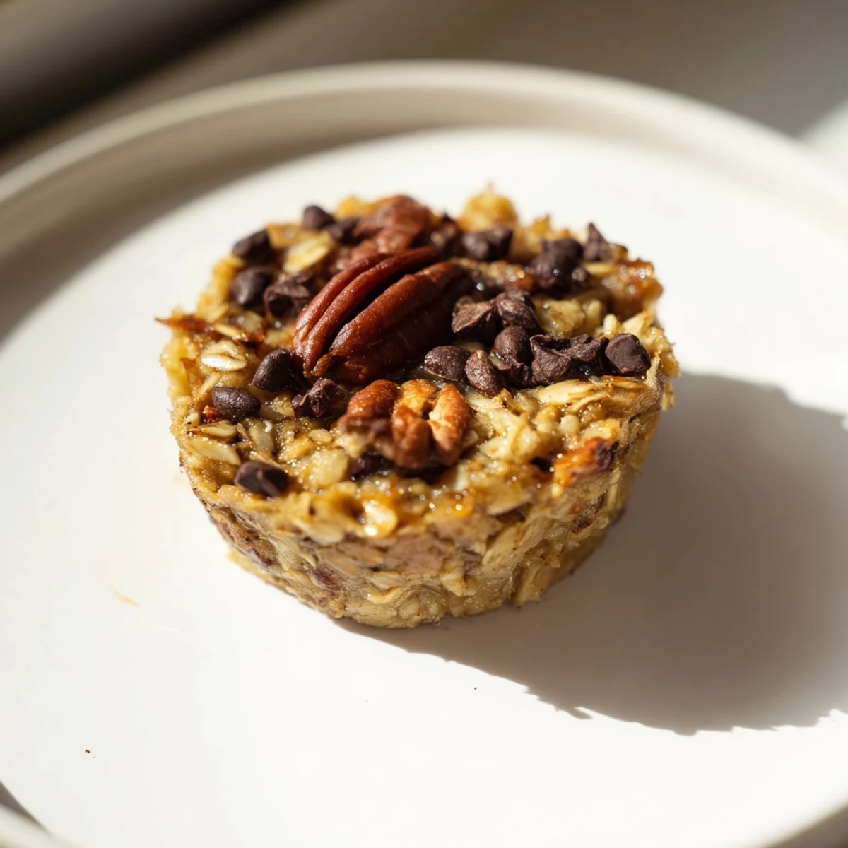 Freshly baked oatmeal cups, with a light brown color, filled with warm, juicy blueberries, ideal for breakfast.