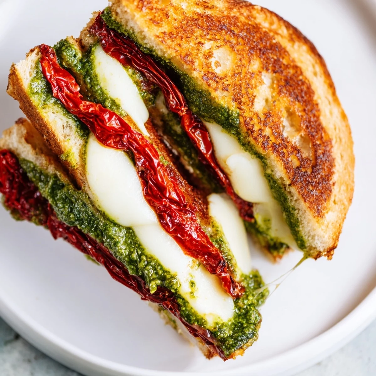 Golden, crispy pesto grilled cheese, oozing with melted mozzarella and bright sun-dried tomatoes.
