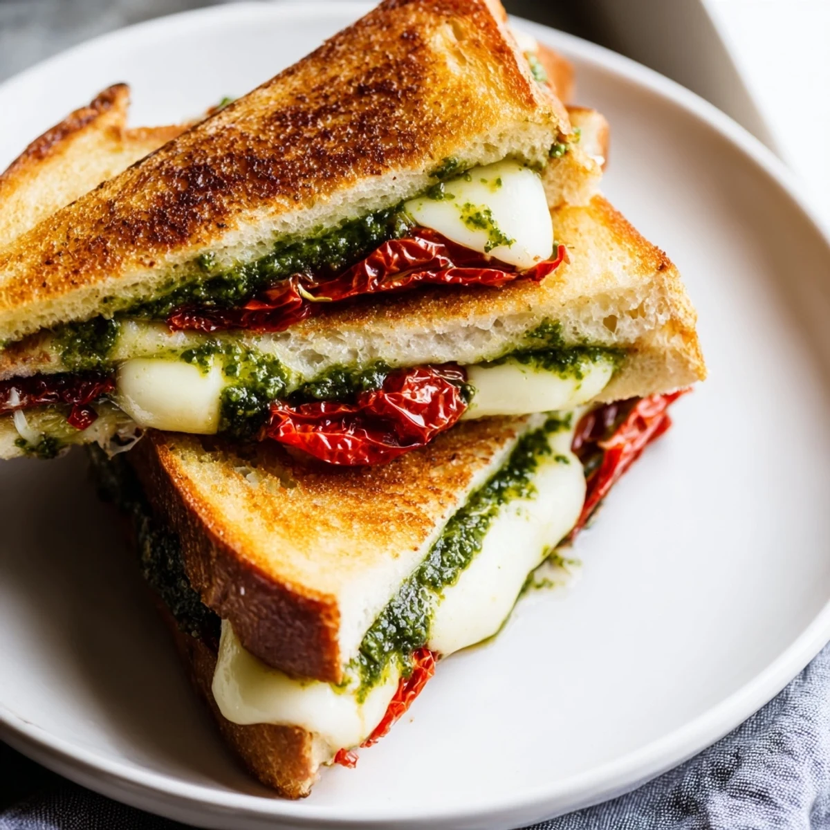 Freshly made pesto grilled cheese sandwich with melting cheese, inviting you to enjoy the savory flavors.
