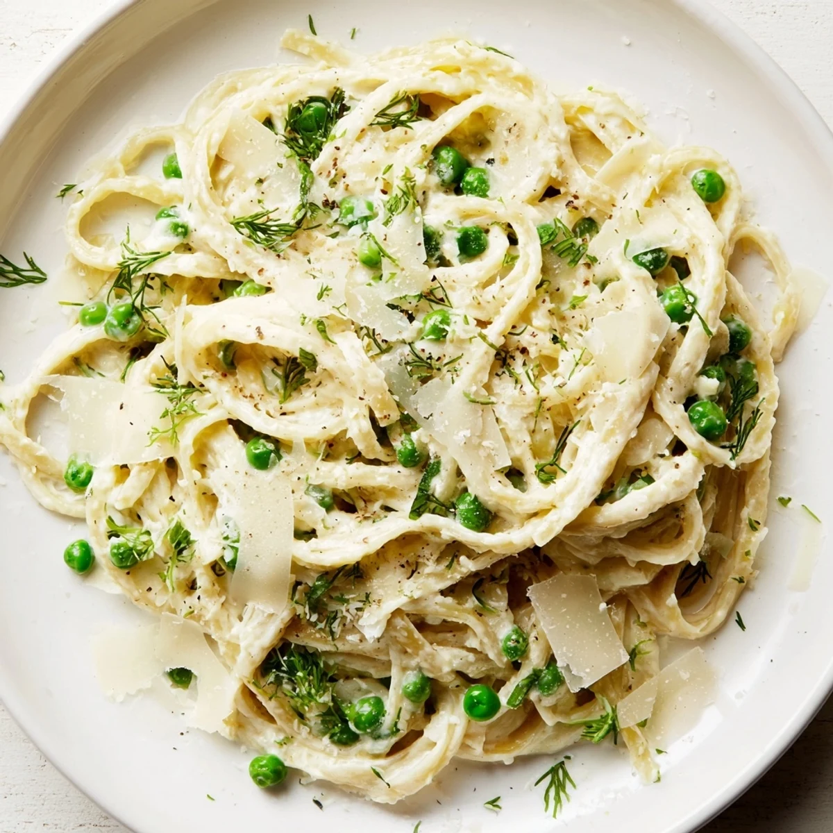 A close-up of a delightful plate of creamy, flavorful Creamy Dill Pasta, a perfect vegetarian meal.