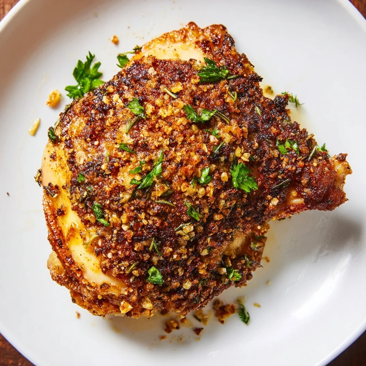 Golden, crispy garlic chicken thighs with flavorful skin and tender, juicy meat alongside.