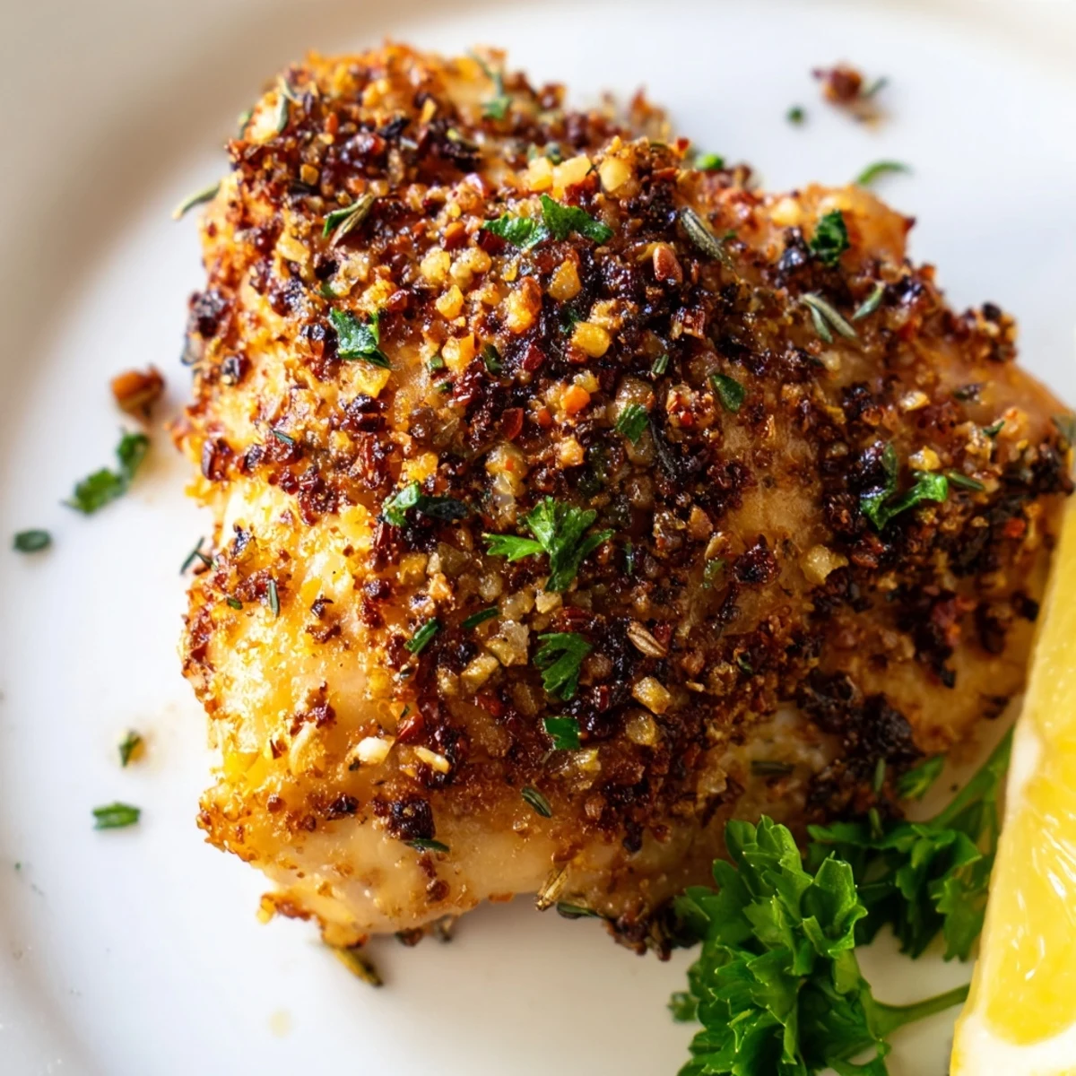 Close-up of freshly cooked crispy garlic chicken thighs, ready with a flavorful, golden crust.