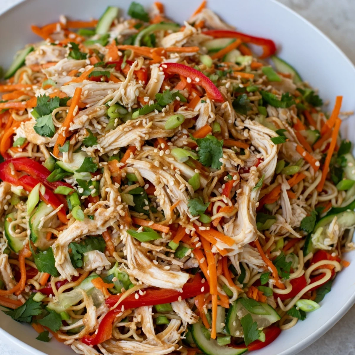 Vibrant chilled Chicken Noodle Salad, showcasing tender chicken and crisp veggies coated in sesame dressing.