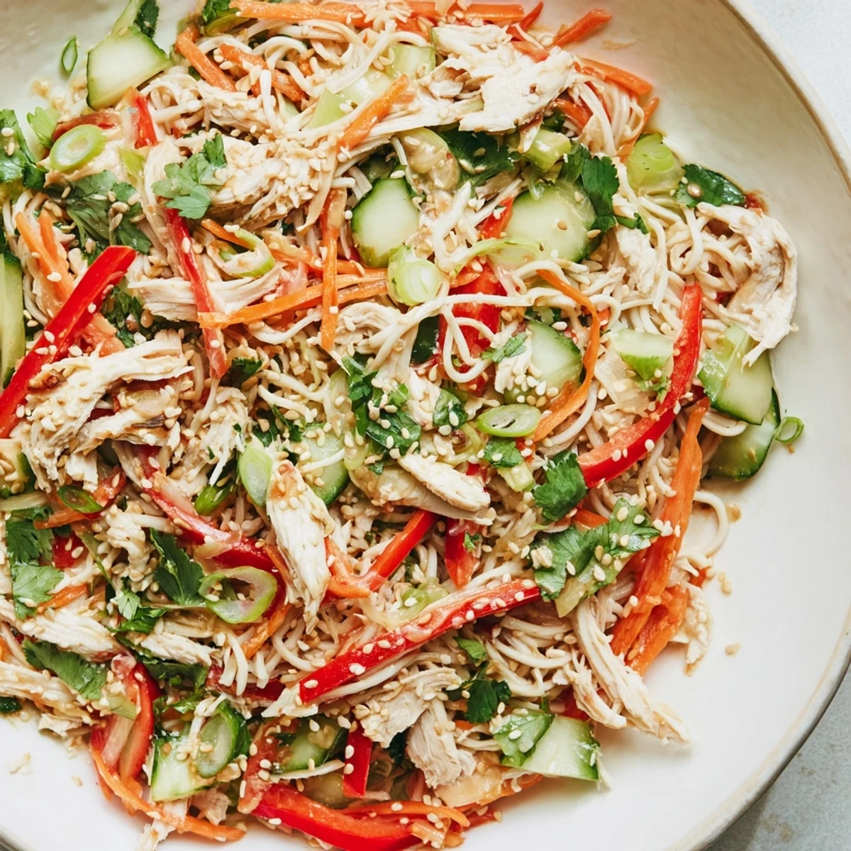Close-up of a refreshing Chicken Noodle Salad, with noodles and colorful vegetables beautifully arranged.