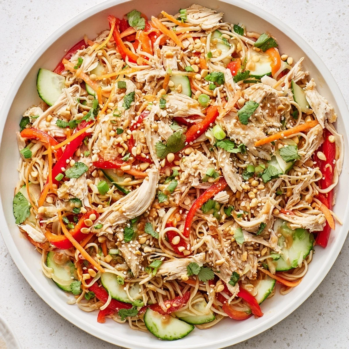 A bowl of delicious Chilled Chicken Noodle Salad, ready to eat, garnished with sesame seeds and lime.