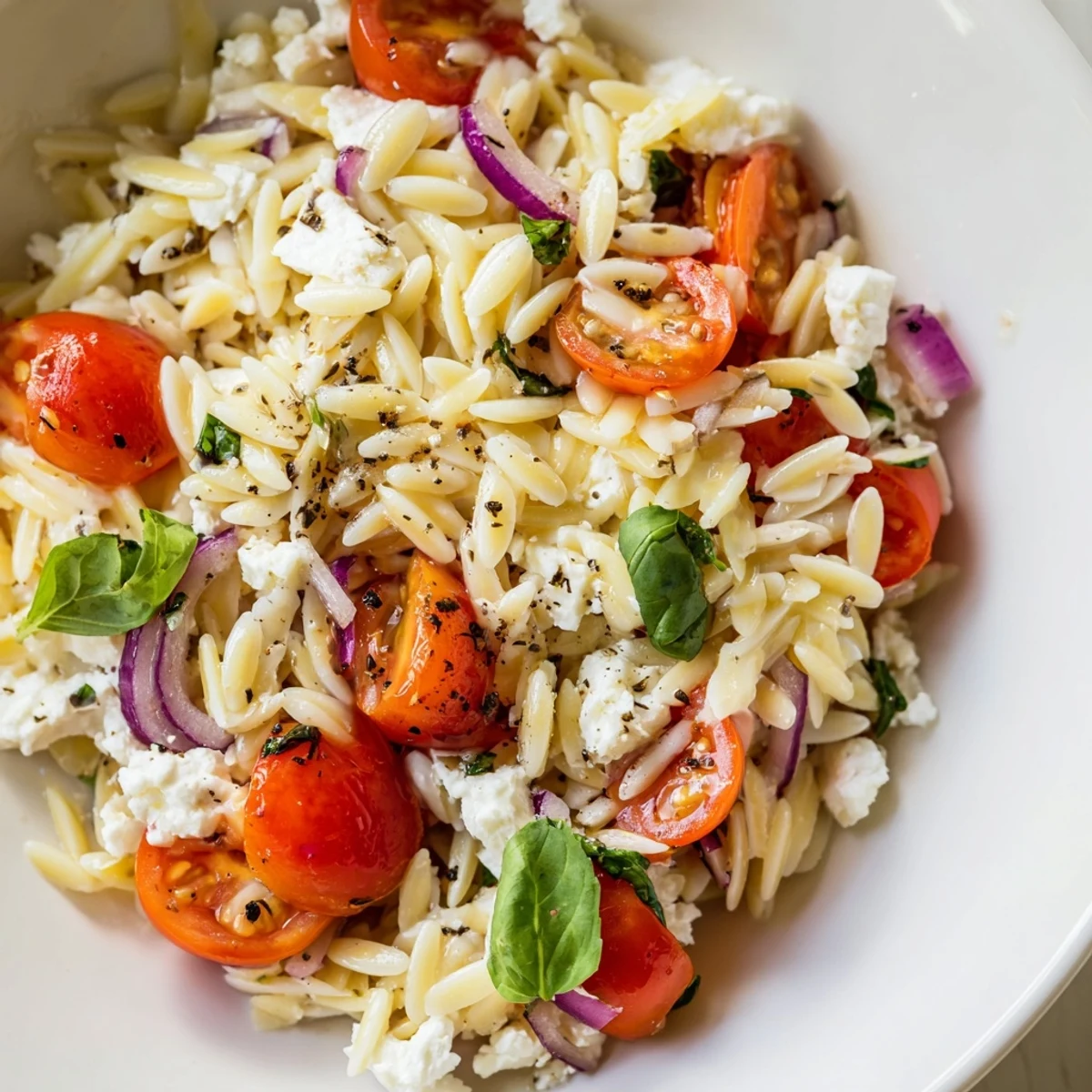 Vibrant Tomato Feta Orzo pasta salad with juicy tomatoes and creamy feta, ready to enjoy.
