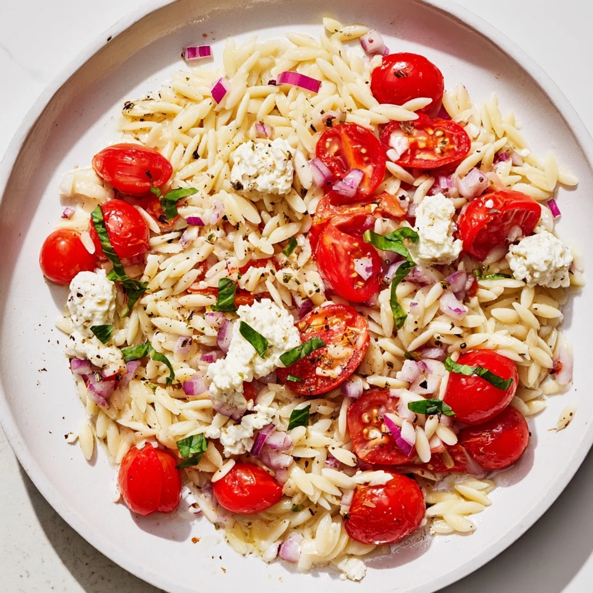 Close-up shot shows flavorful Tomato Feta Orzo, with fresh herbs and a simple olive oil dressing.