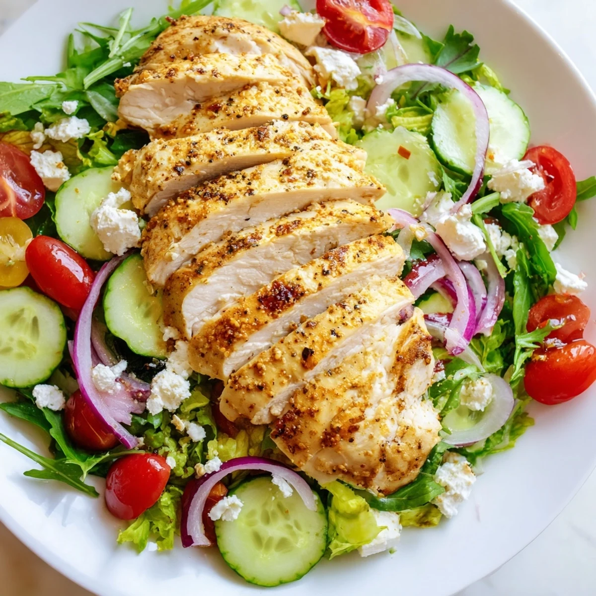 Quick Pan-Seared Chicken Salad with golden chicken slices over fresh greens, ready to eat.