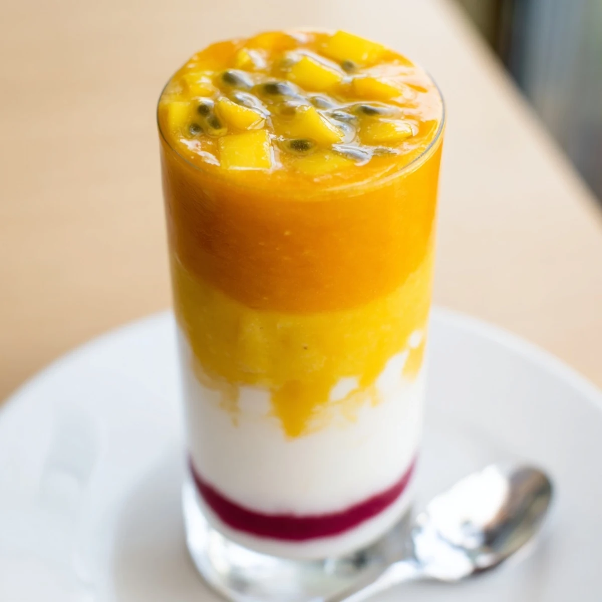 A layered Tropical Sunset Smoothie with mango, passion fruit, and orange, a colorful summer drink.