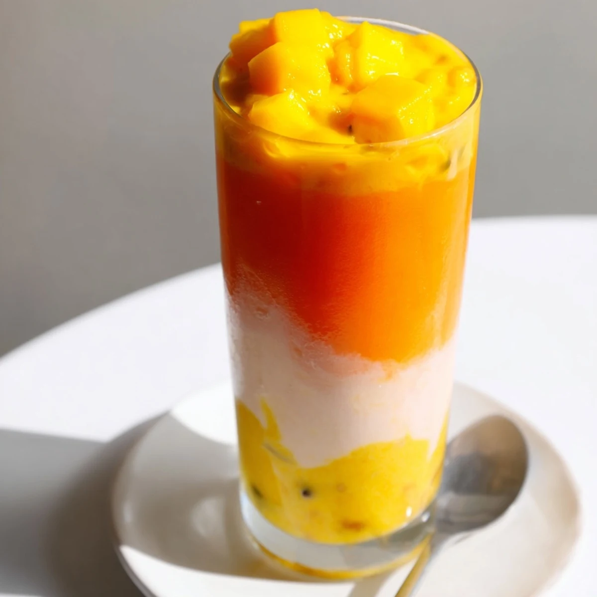 Cool and creamy Tropical Sunset Smoothie with an ombré effect, perfect start to any bright summer day.