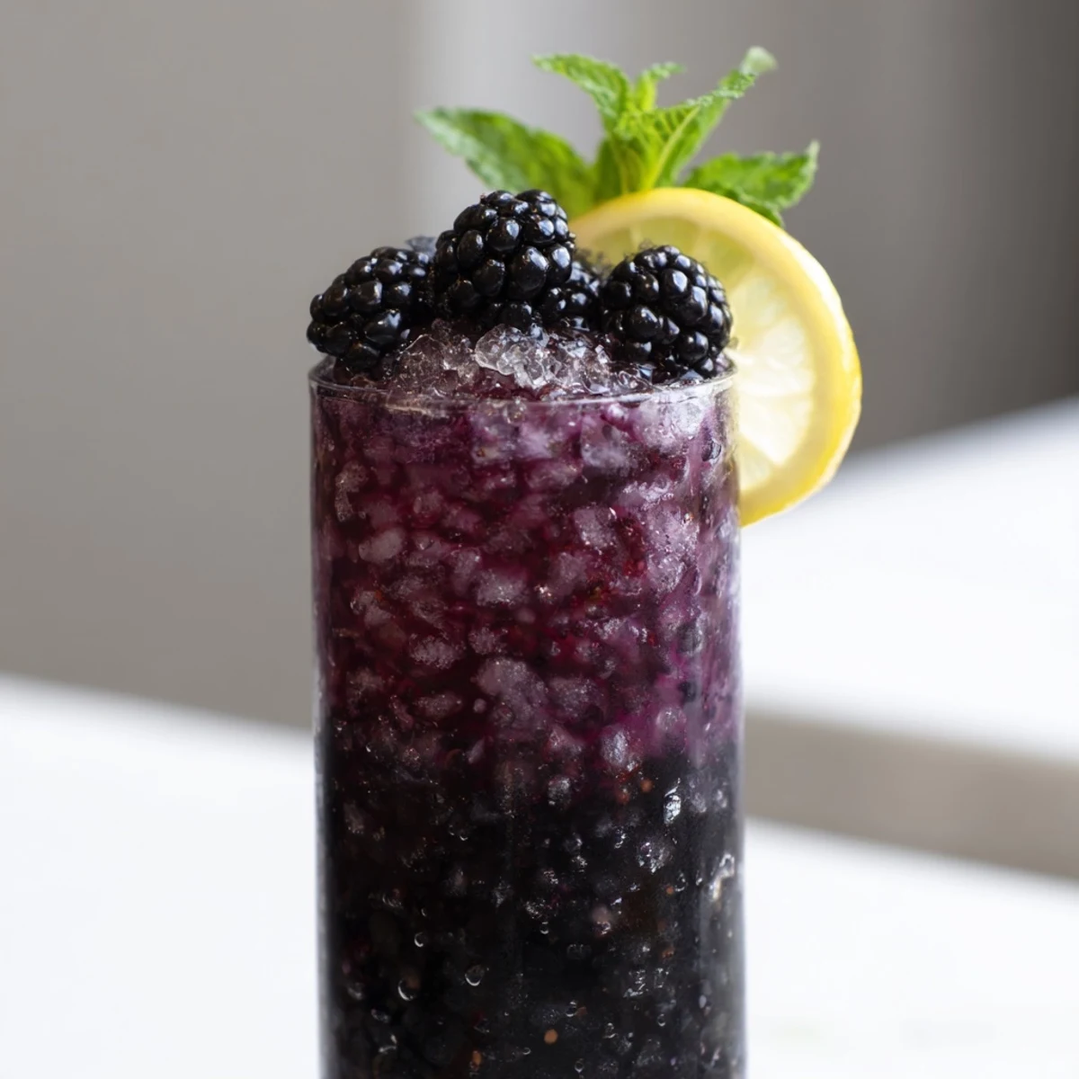 Layered Dark Matter Mocktail, a visually stunning non-alcoholic drink, featuring fresh blackberries and citrus.