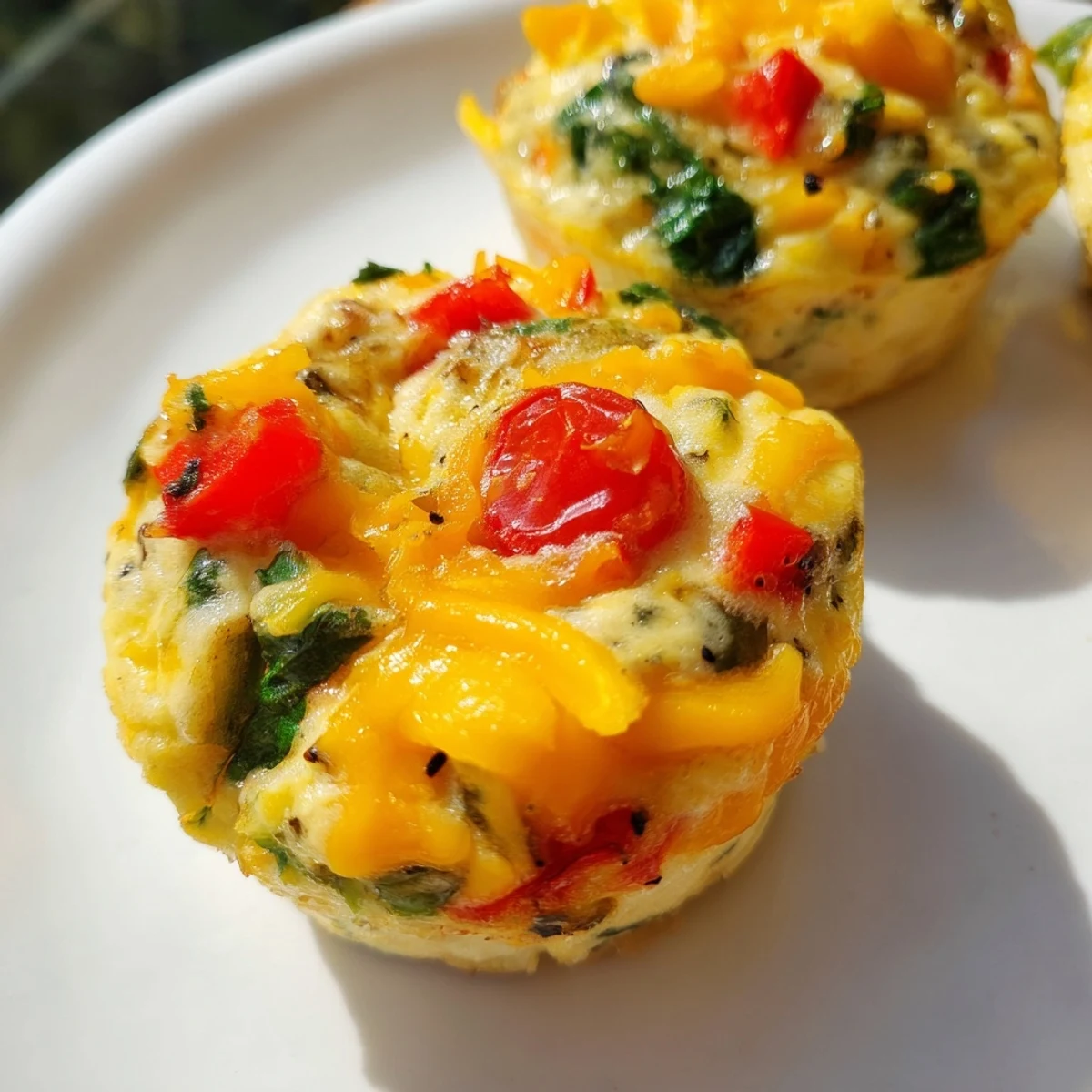 Golden-brown Customizable Egg Muffins, fluffy and filled with colorful vegetables, ready to eat.