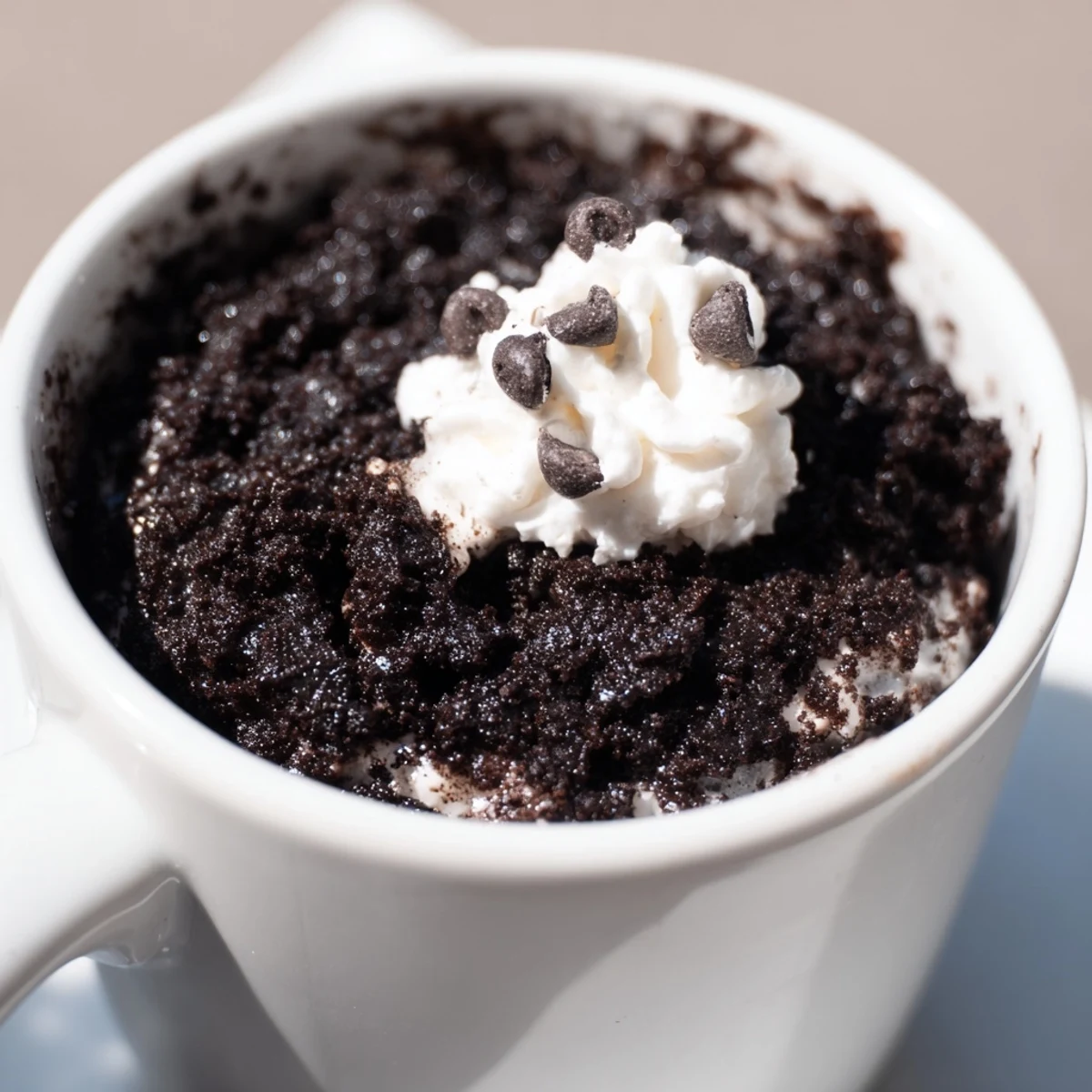 A warm, gooey Oreo mug cake topped with whipped cream, ready to devour.