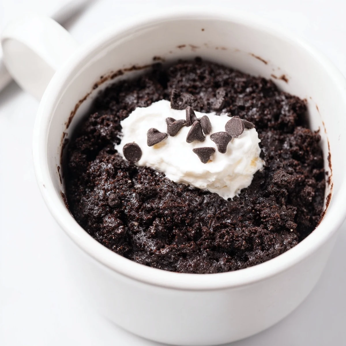 Enjoy a decadent Oreo mug cake, perfectly cooked and waiting in a cozy mug.