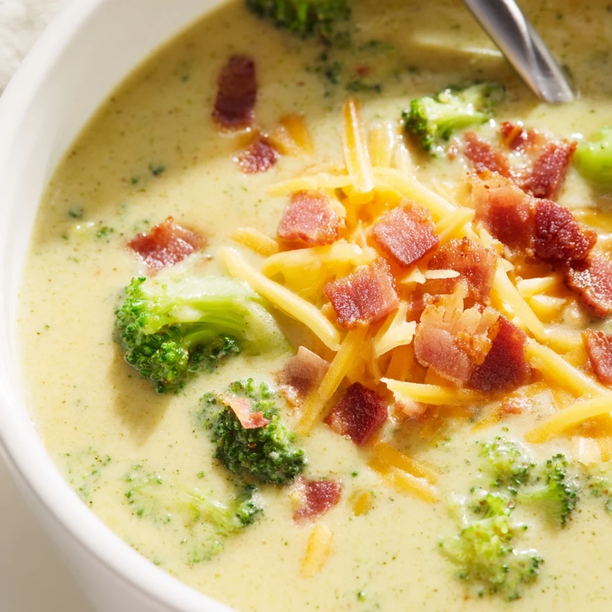 Creamy Broccoli Cheddar Soup, garnished with cheddar and crispy bacon, served with toasted bread.