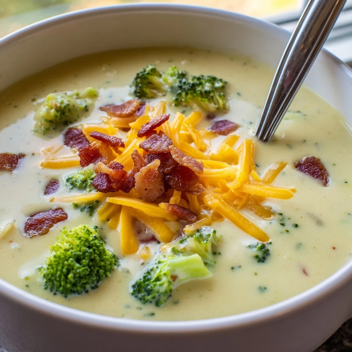 Thick and cheesy, this Broccoli Cheddar Soup is topped with bacon crumbles, imagine the aroma!
