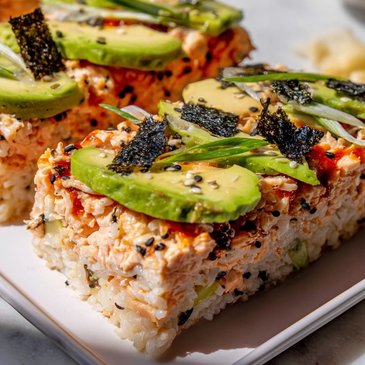 A close-up of a bubbling Sushi Bake casserole, filled with flaked salmon and savory rice for a delicious meal.