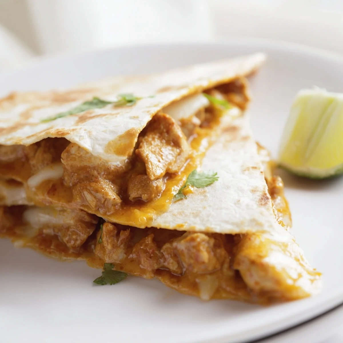 Golden, crispy Butter Chicken Quesadillas sliced and ready to serve, showcasing melted cheese and savory chicken.