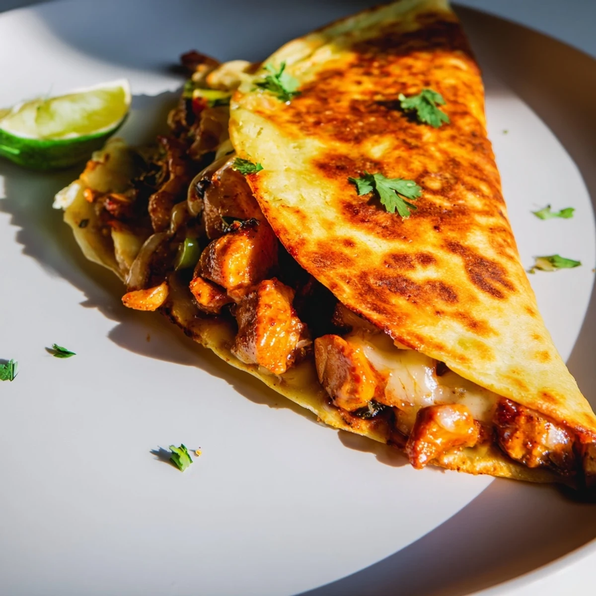Close-up of a sizzling Butter Chicken Quesadilla, oozing cheese, with a delicious blend of Indian and Mexican flavors.
