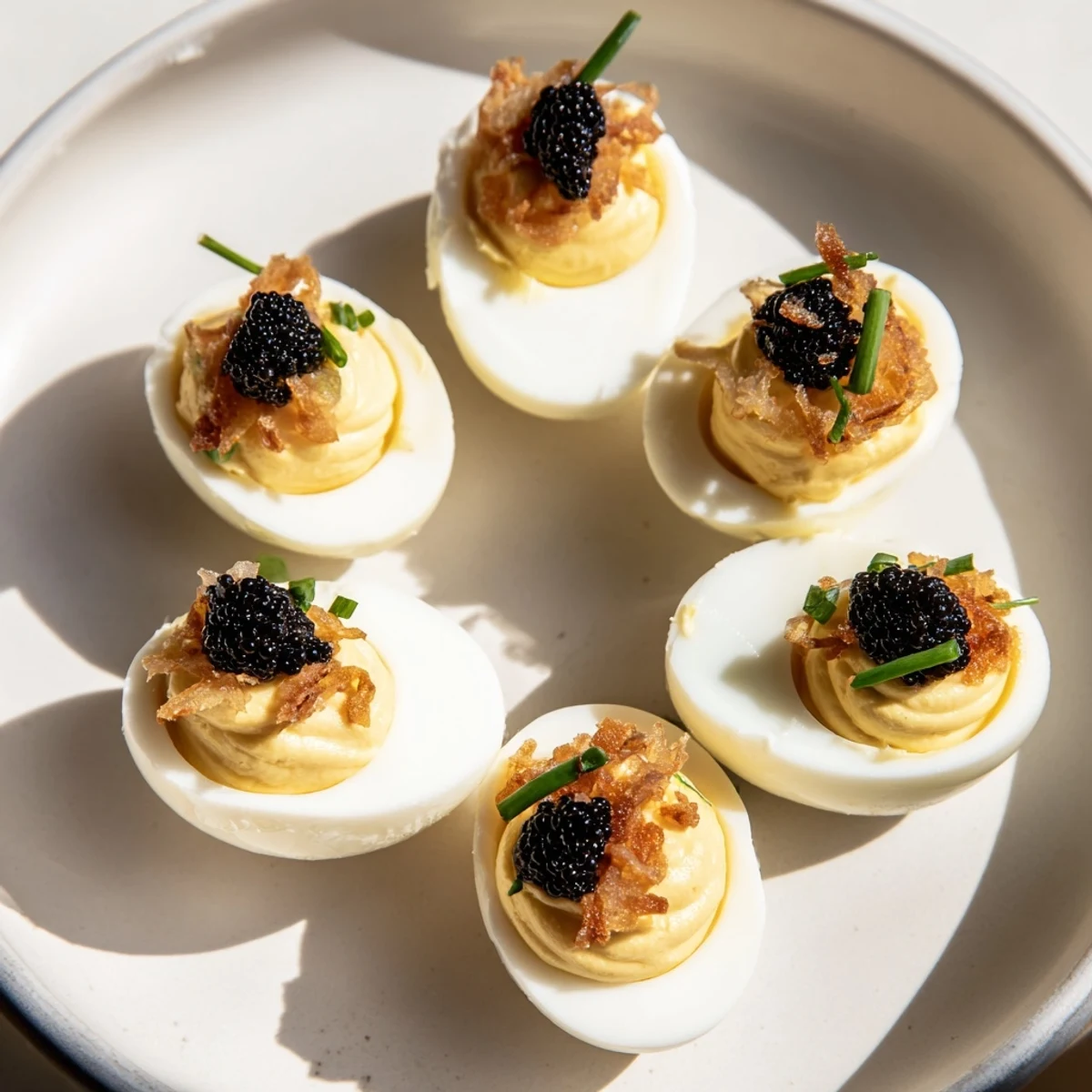 Luxurious deviled eggs featuring creamy yolk filling, topped with glistening caviar and crunchy shallots.