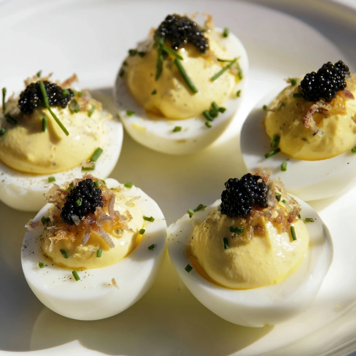 These elegant deviled eggs with caviar and crispy shallots are perfect for any upscale appetizer spread.