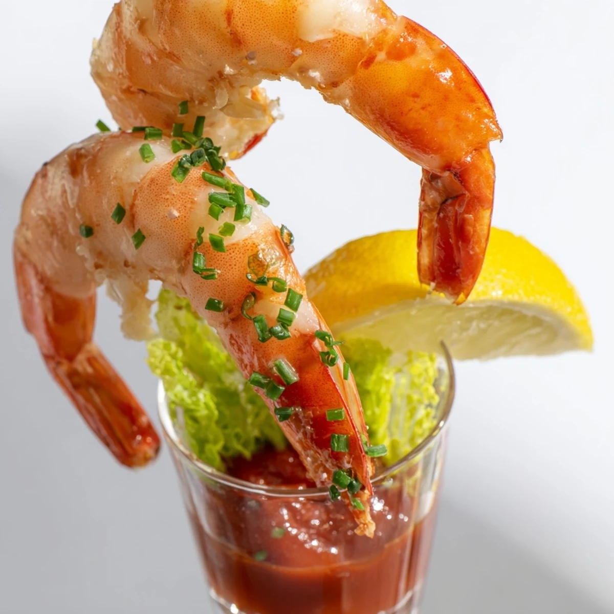 Retro Prawn Cocktail Shooters: Succulent shrimp nestled in tangy sauce, ready for a bite, an easy appetizer.