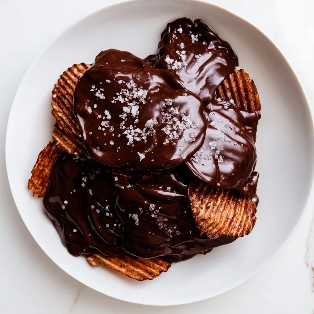 Sea salt sparkles atop a slab of freshly made Chocolate Potato Chip Bark, perfect for snacking.