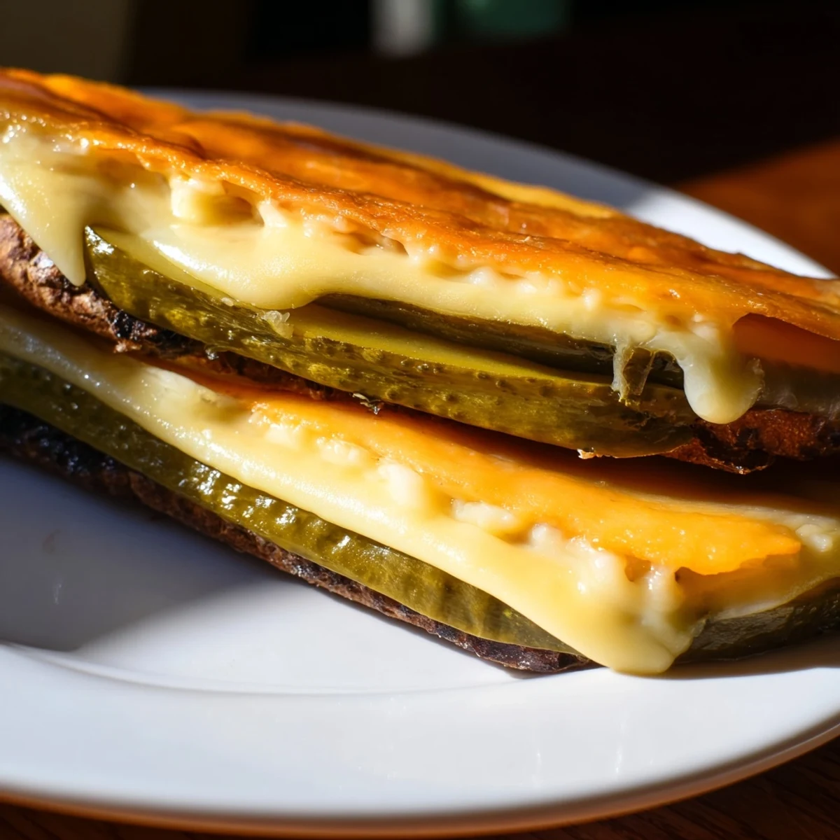 Crispy-edged Pickle Bread Sandwich with layers of melted cheddar and crunchy pickles, ready to enjoy.