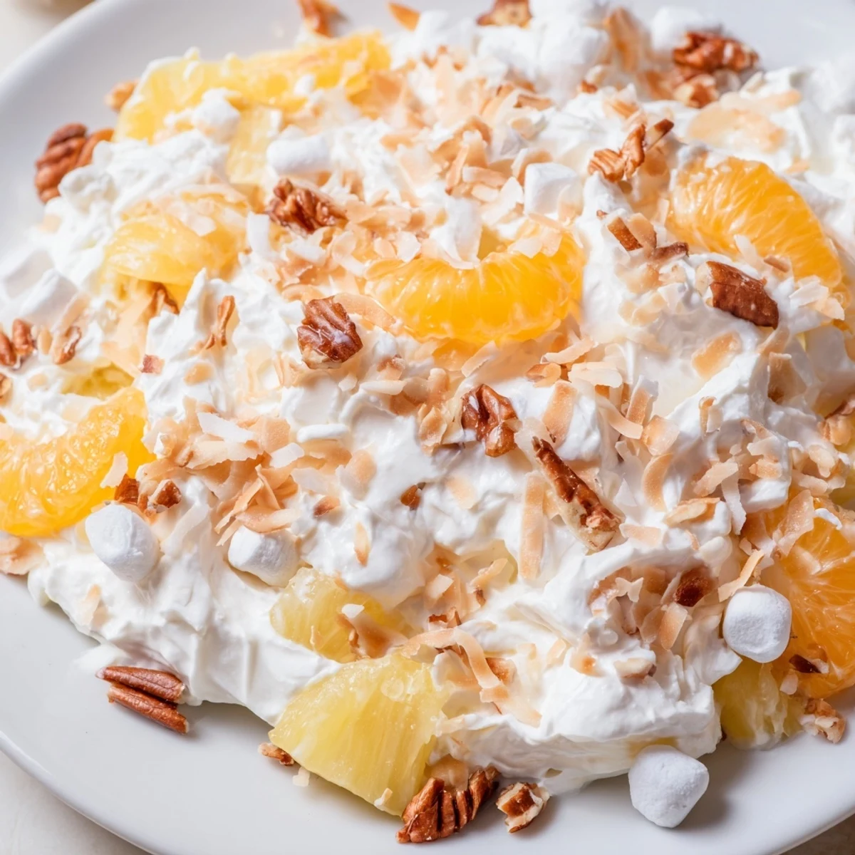 A beautiful bowl of Elevated Ambrosia Salad, showcasing mandarin oranges and toasted pecans.