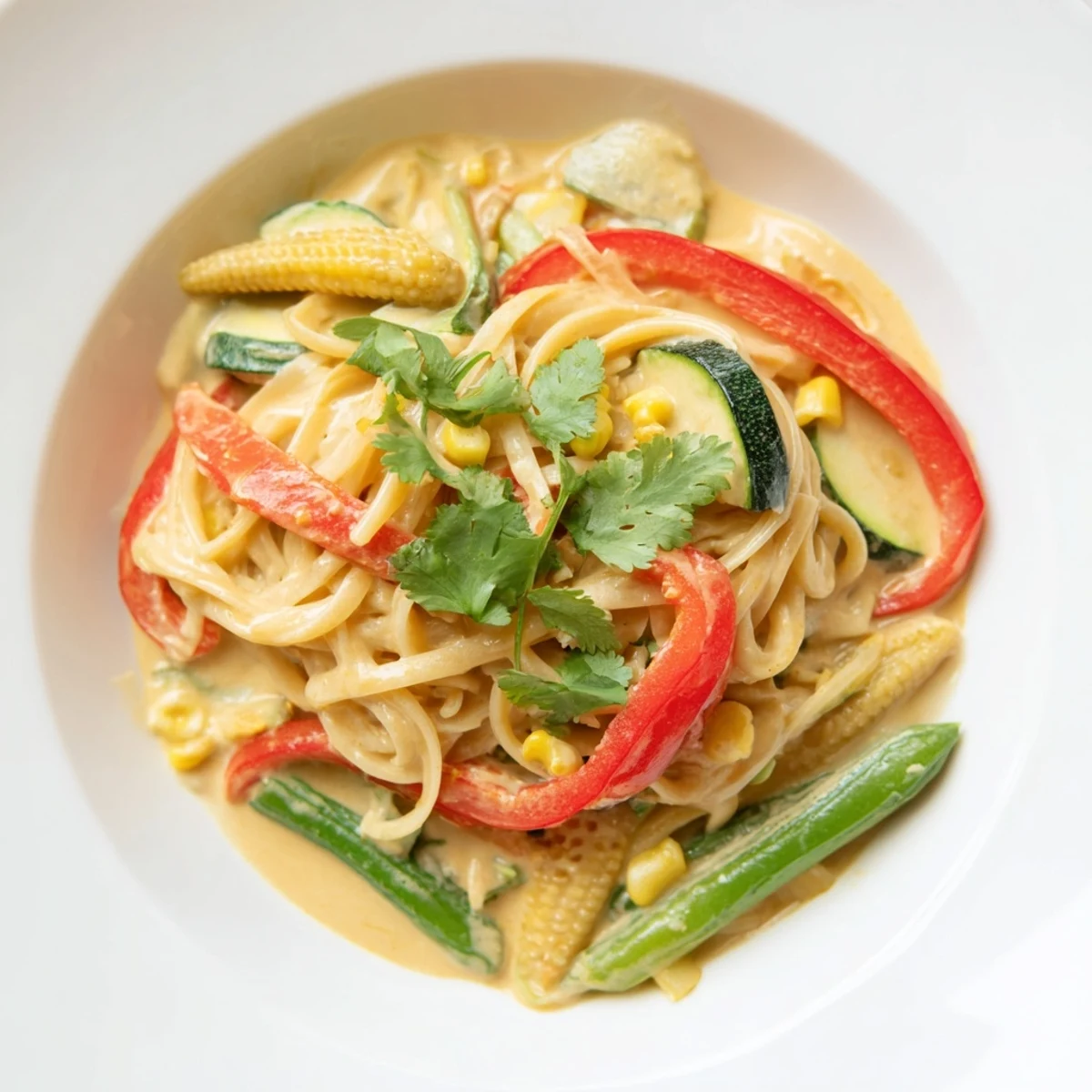 Creamy Thai Curry Pasta is pictured—penne pasta coated in vibrant green sauce with colorful veggies.