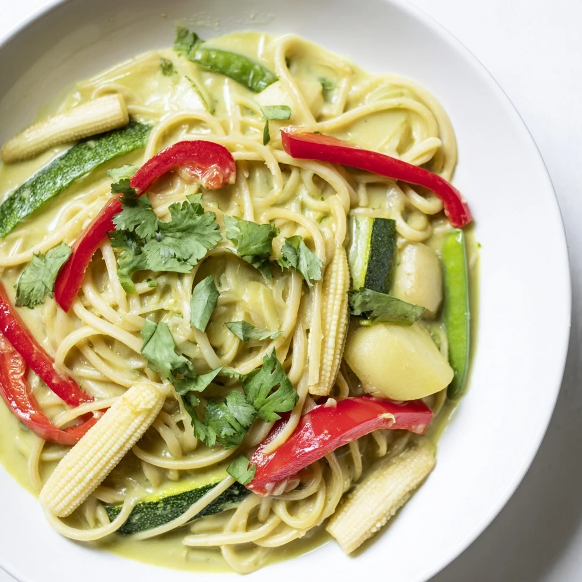 This Thai Curry Pasta showcases perfectly cooked pasta swirled with a rich, fragrant coconut curry sauce.