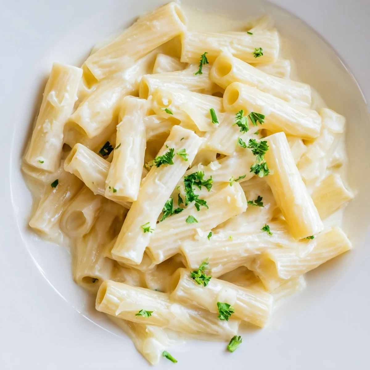 Close-up of Creamy Milk Pasta One-Pot topped with fresh parsley and extra Parmesan, garnished with black pepper.  