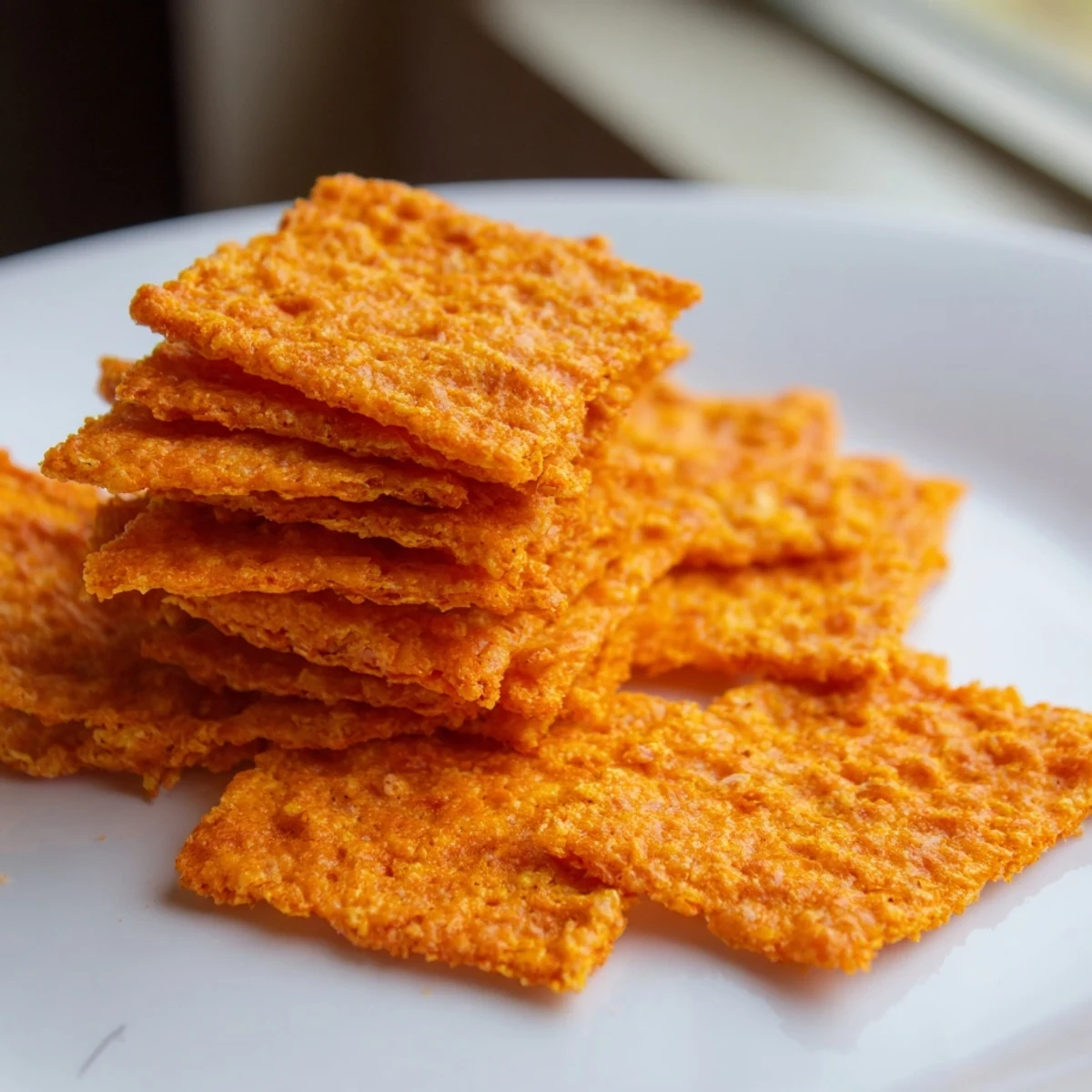 Golden-brown Crispy Cheeto Cheese Crackers on a cooling rack, showcasing their sharp cheddar flavor and crunchy texture.  