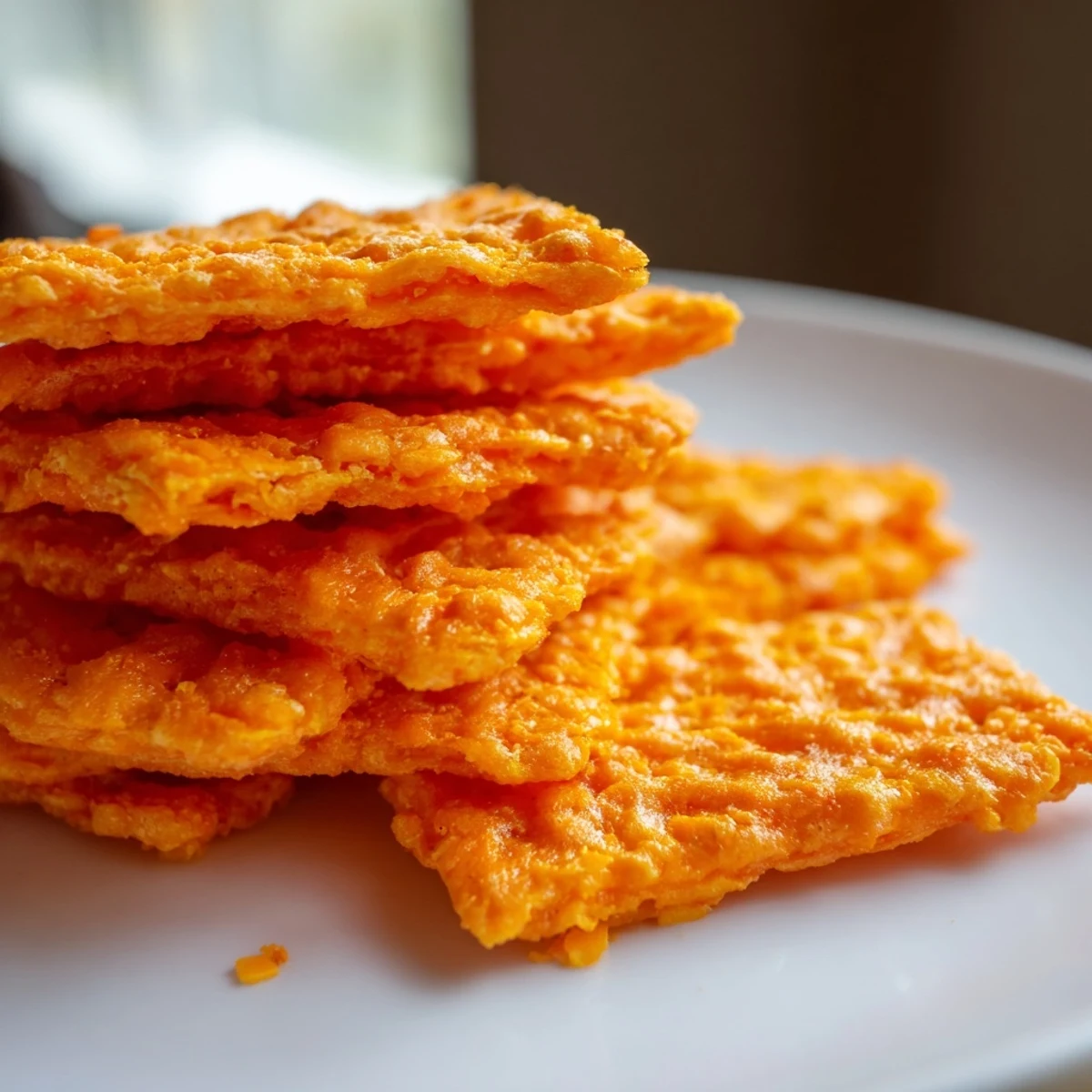 A platter of Crispy Cheeto Cheese Crackers, perfect for party snacking with vibrant orange crumbs.