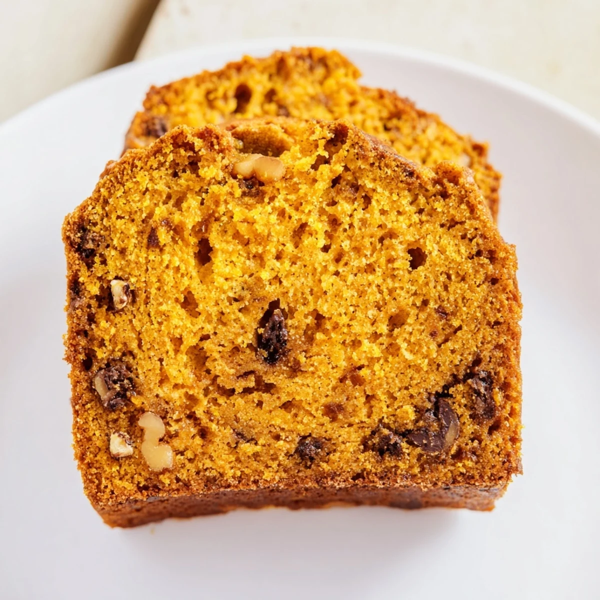 A thick slice of pumpkin bread loaf shows the rich orange interior studded with chopped walnuts, a small pat of butter melting over its warm surface. 