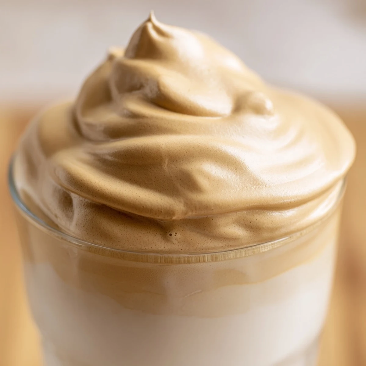 Two glasses of layered Dalgona coffee with whipped topping and milk, a café-style treat.