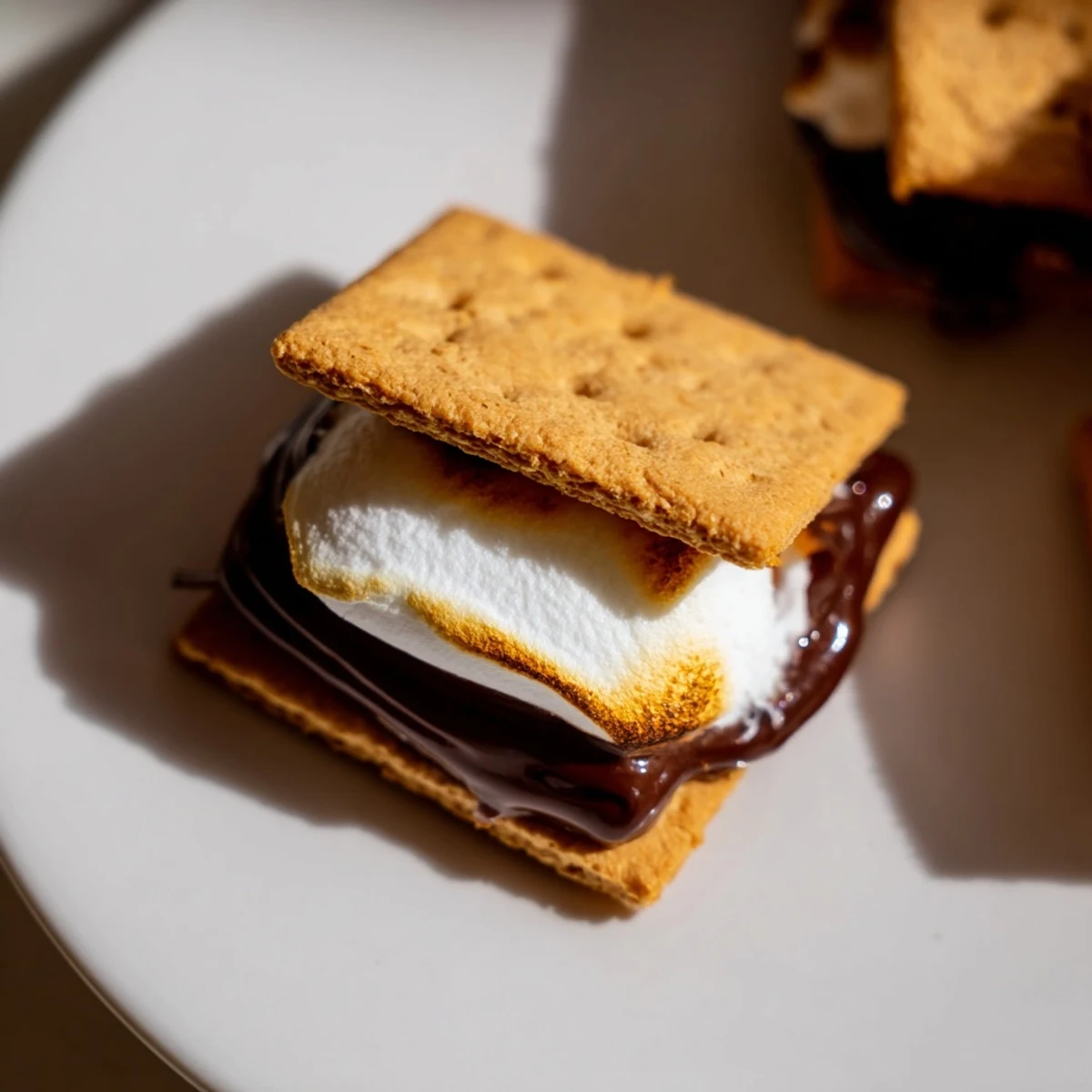 Air Fryer Smores with gooey melted chocolate and golden marshmallows stacked on parchment in the fryer basket.