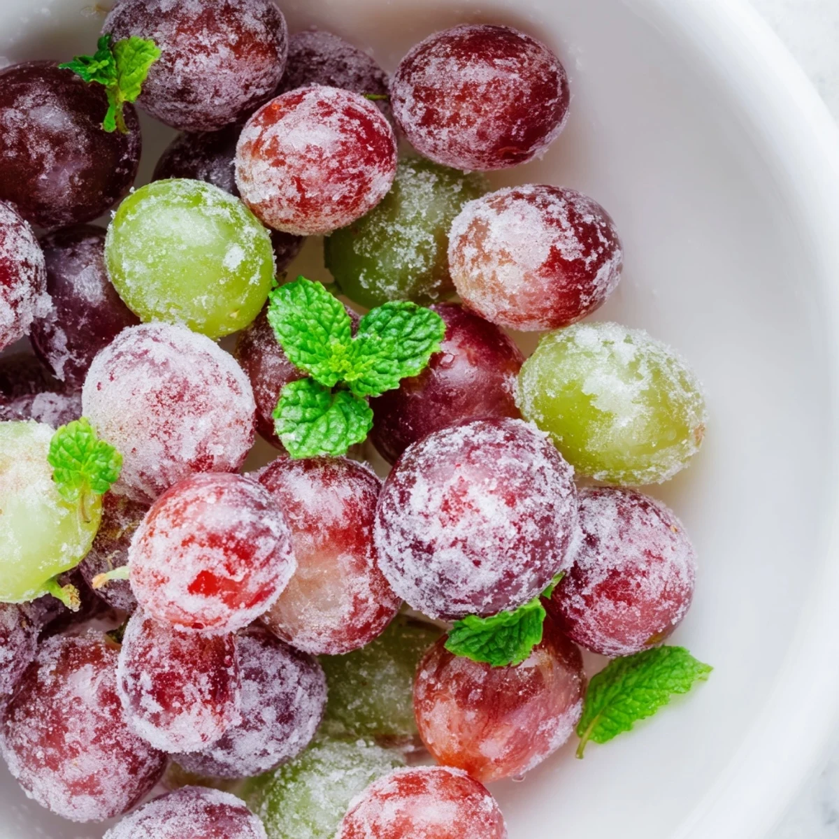 Frozen Grapes Spa Treat presented in a clear glass bowl, glistening with frost and topped with fresh mint leaves for a refreshing snack.
