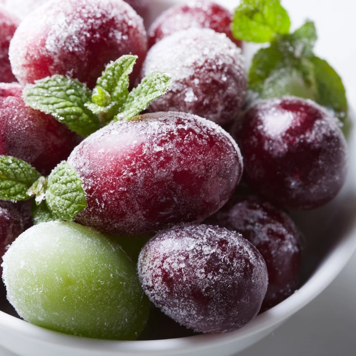 A hand reaches for a Frozen Grapes Spa Treat, offering a close-up view of the juicy, frozen red and green grapes.