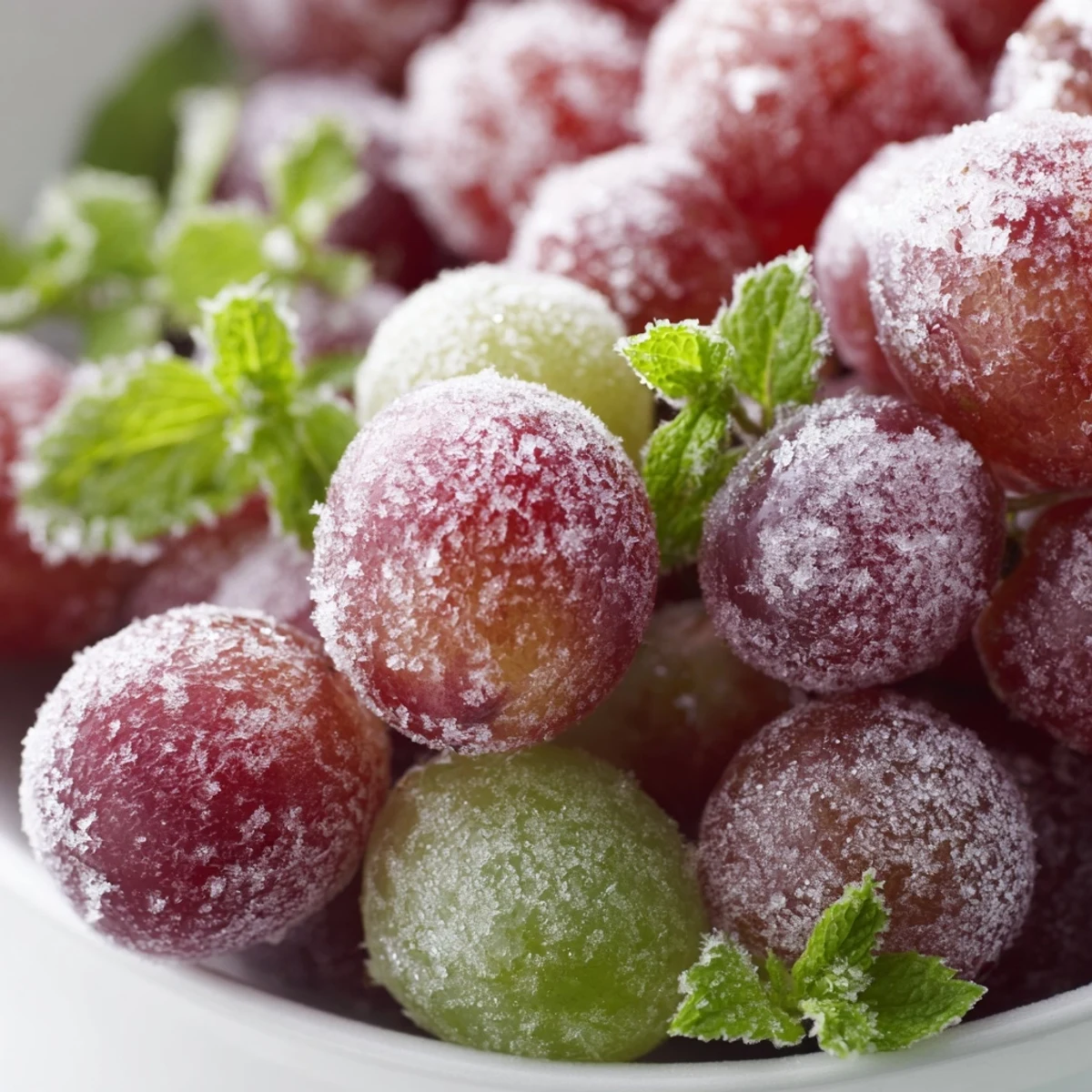 Perfect for a spa day, this Frozen Grapes Spa Treat is served chilled alongside sparkling water and a sprig of mint.