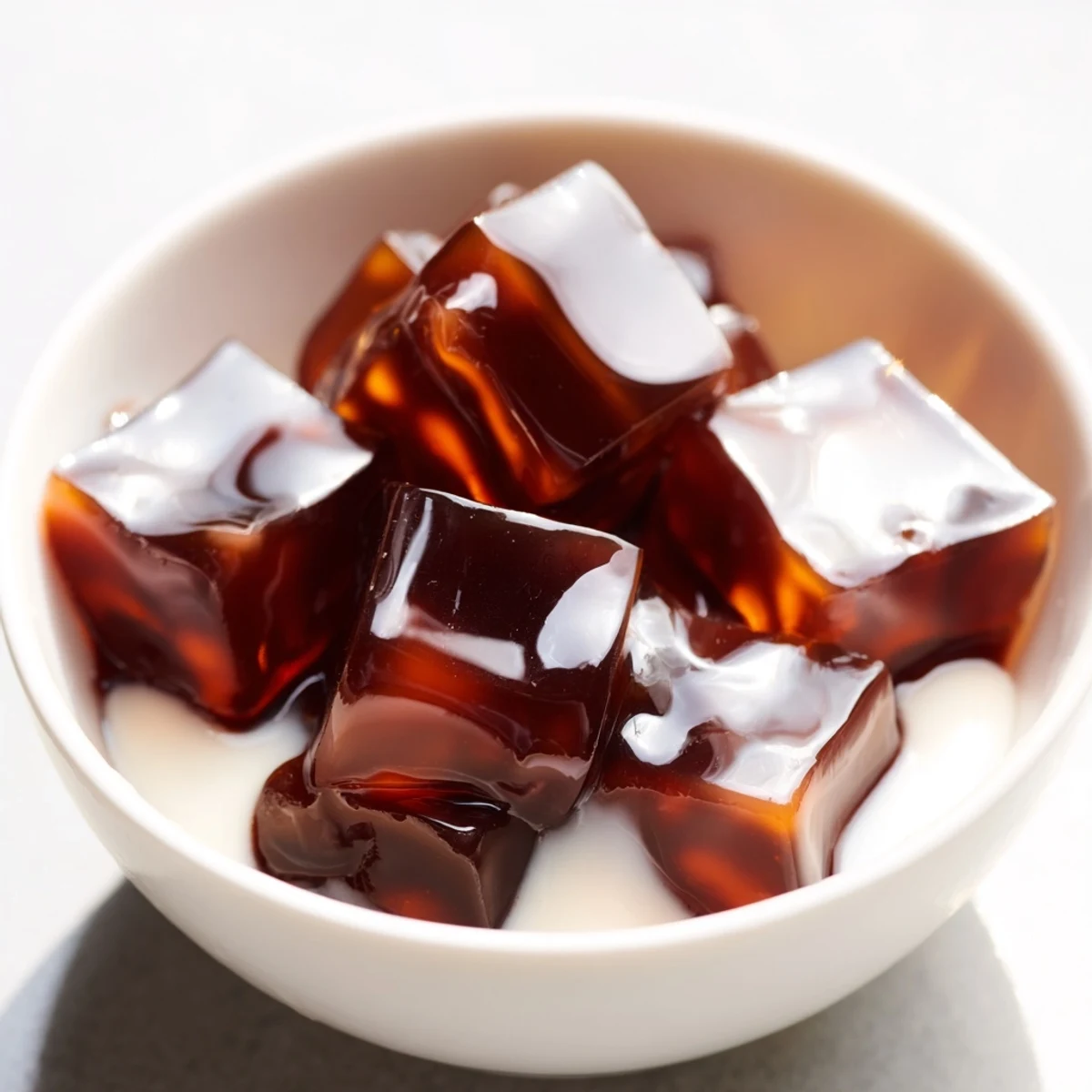 Glossy cubes of homemade coffee jelly glisten in a glass, topped with a drizzle of sweetened cream for an easy Japanese-inspired dessert.