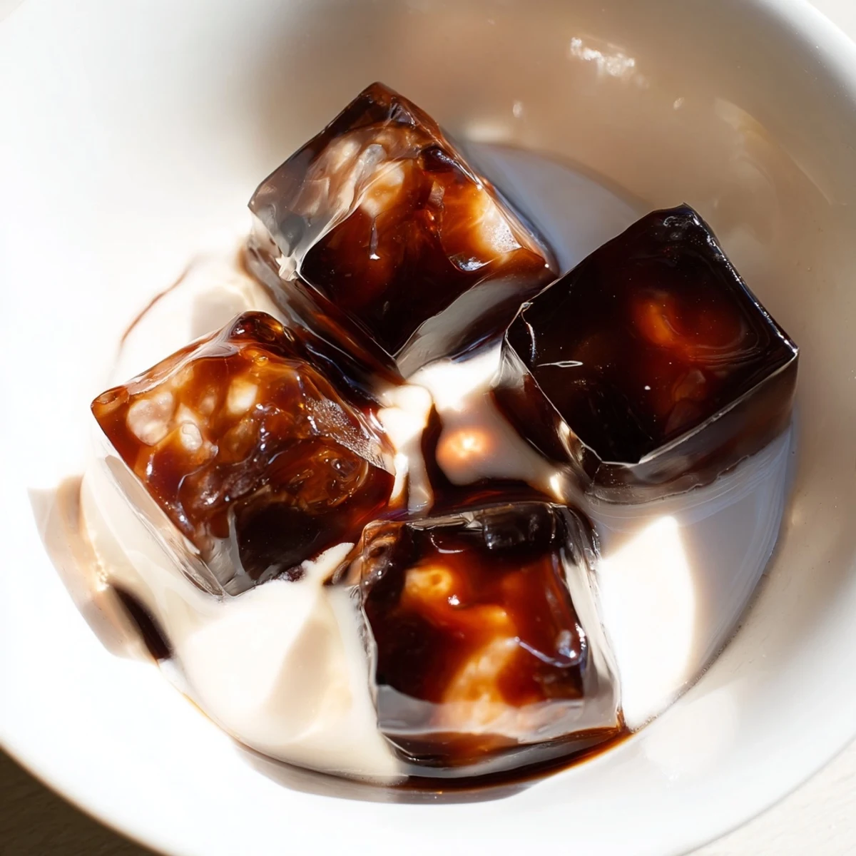 Overhead view of coffee jelly cubes glistening in sweetened cream, a simple and elegant treat perfect for any coffee lover's gathering.