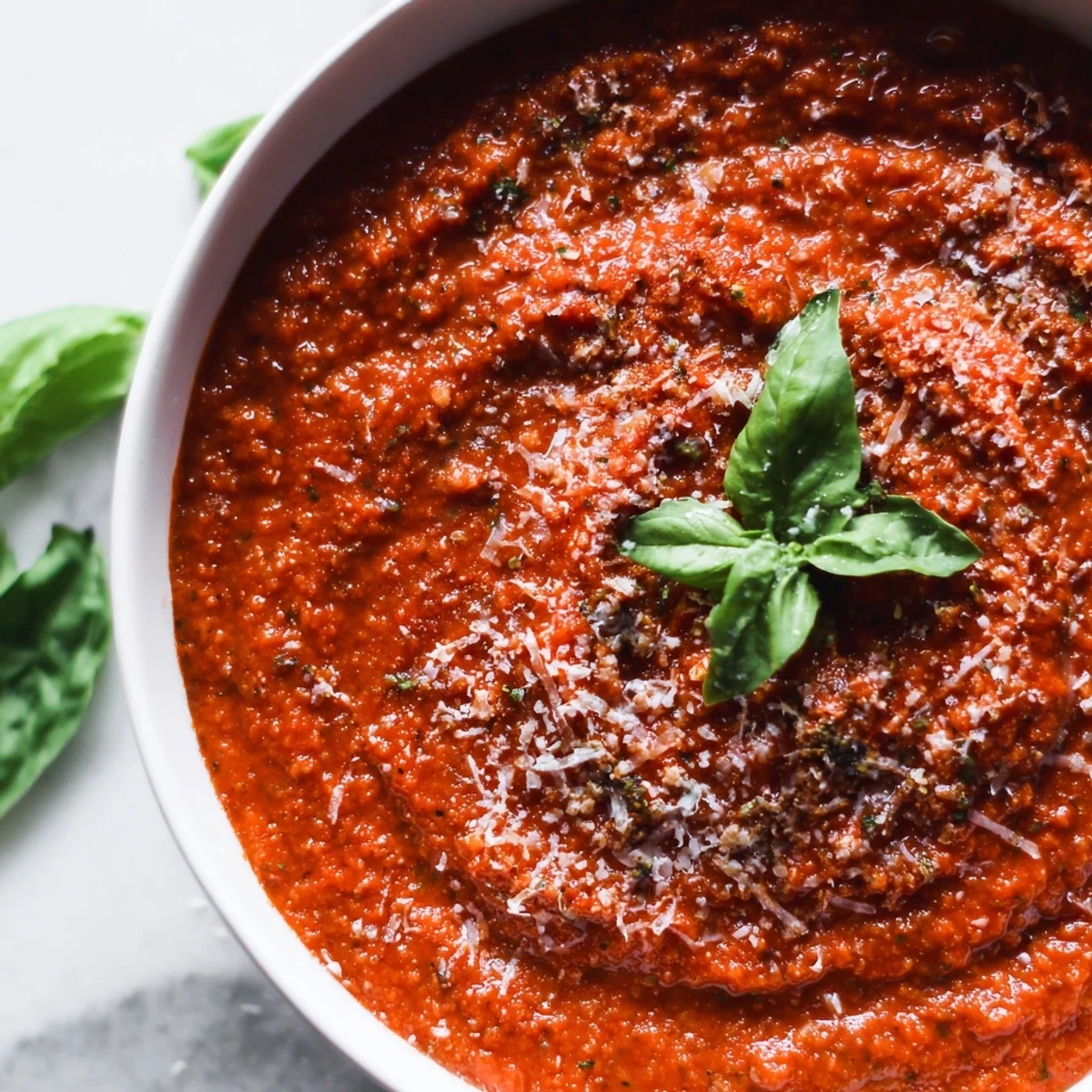 A bowl of Hidden Veggie Tomato Pasta Sauce over spaghetti, garnished with fresh basil and a sprinkle of Parmesan cheese.