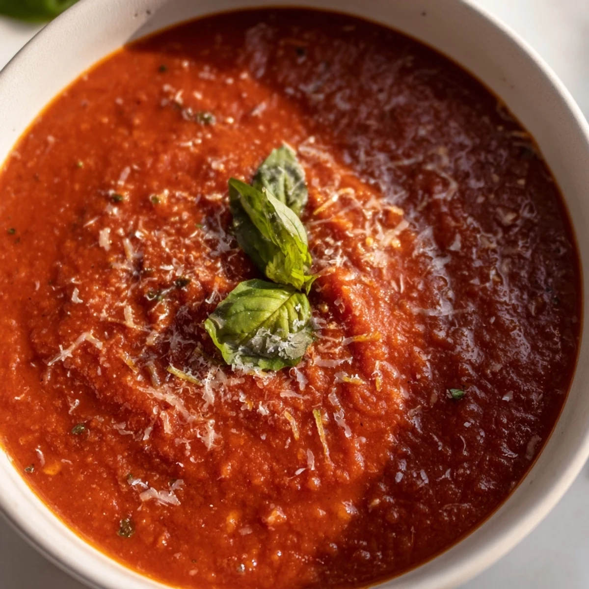 Vibrant red pasta sauce topped with fresh basil leaves, ready to be tossed with your favorite pasta for a comforting dinner.