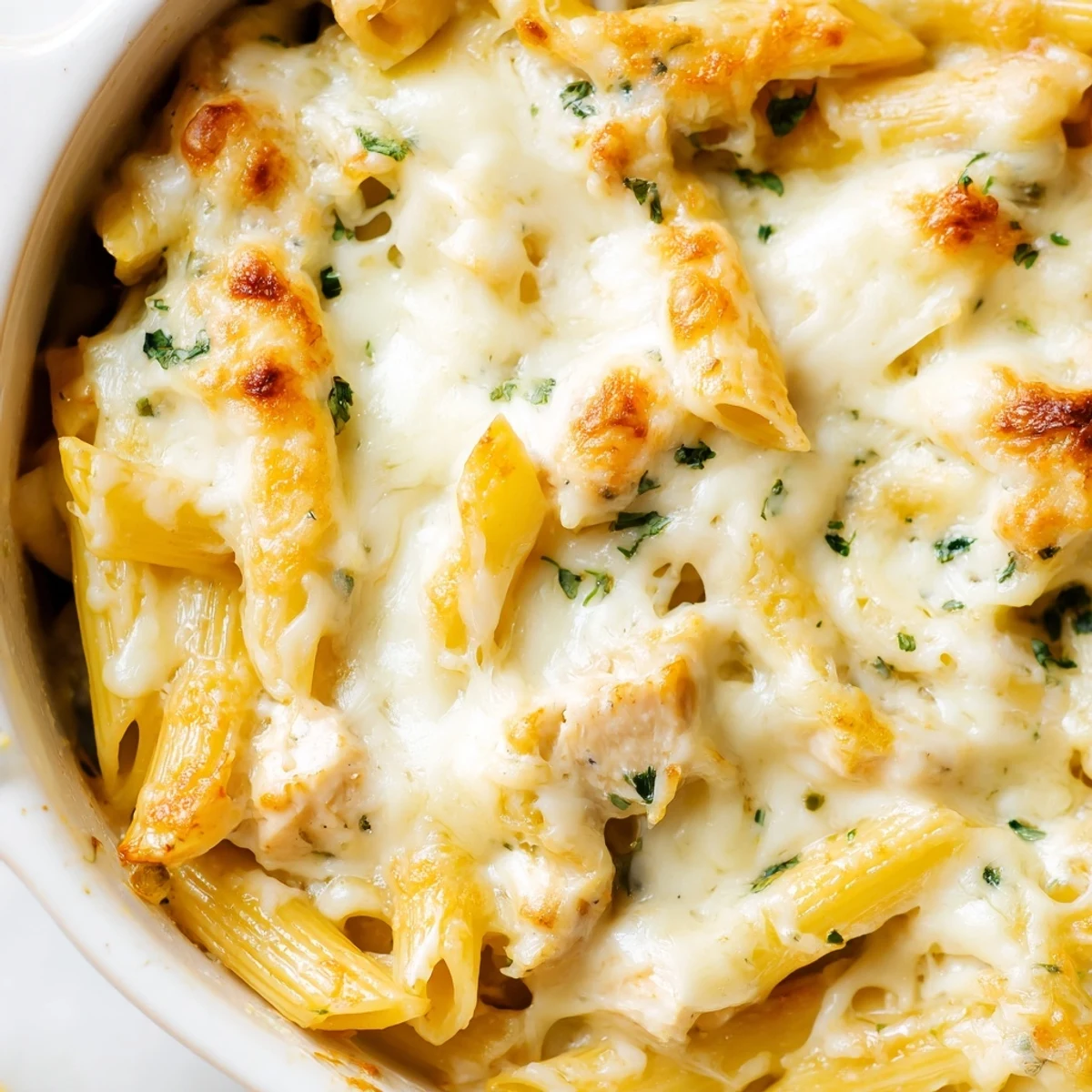 Golden-brown Chicken Ranch Pasta Bake with melted mozzarella, creamy ranch sauce, and tender chicken in a 9x13 baking dish.  