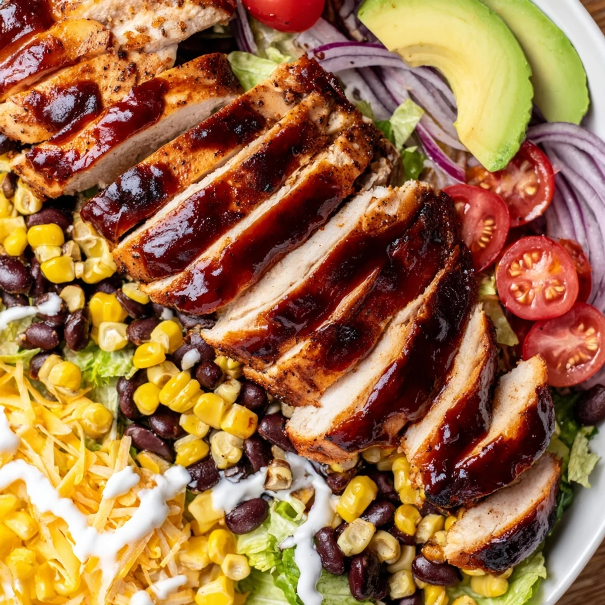 Grilled BBQ chicken slices top a bed of crisp romaine lettuce, mixed with charred corn and black beans, drizzled with creamy ranch dressing.