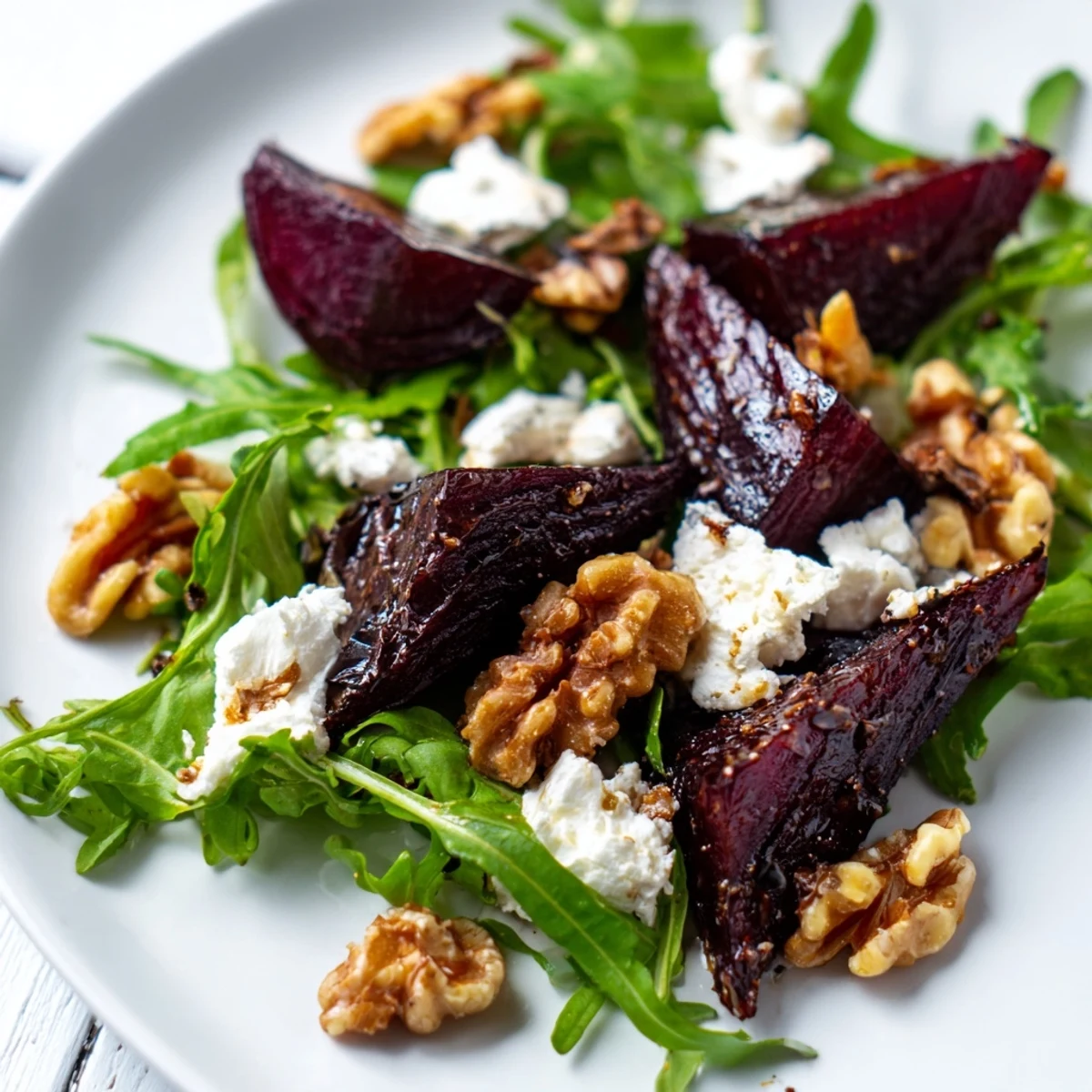 Roasted Beet Goat Cheese Salad with earthy beet wedges, creamy goat cheese crumbles, and crunchy toasted walnuts on peppery arugula.