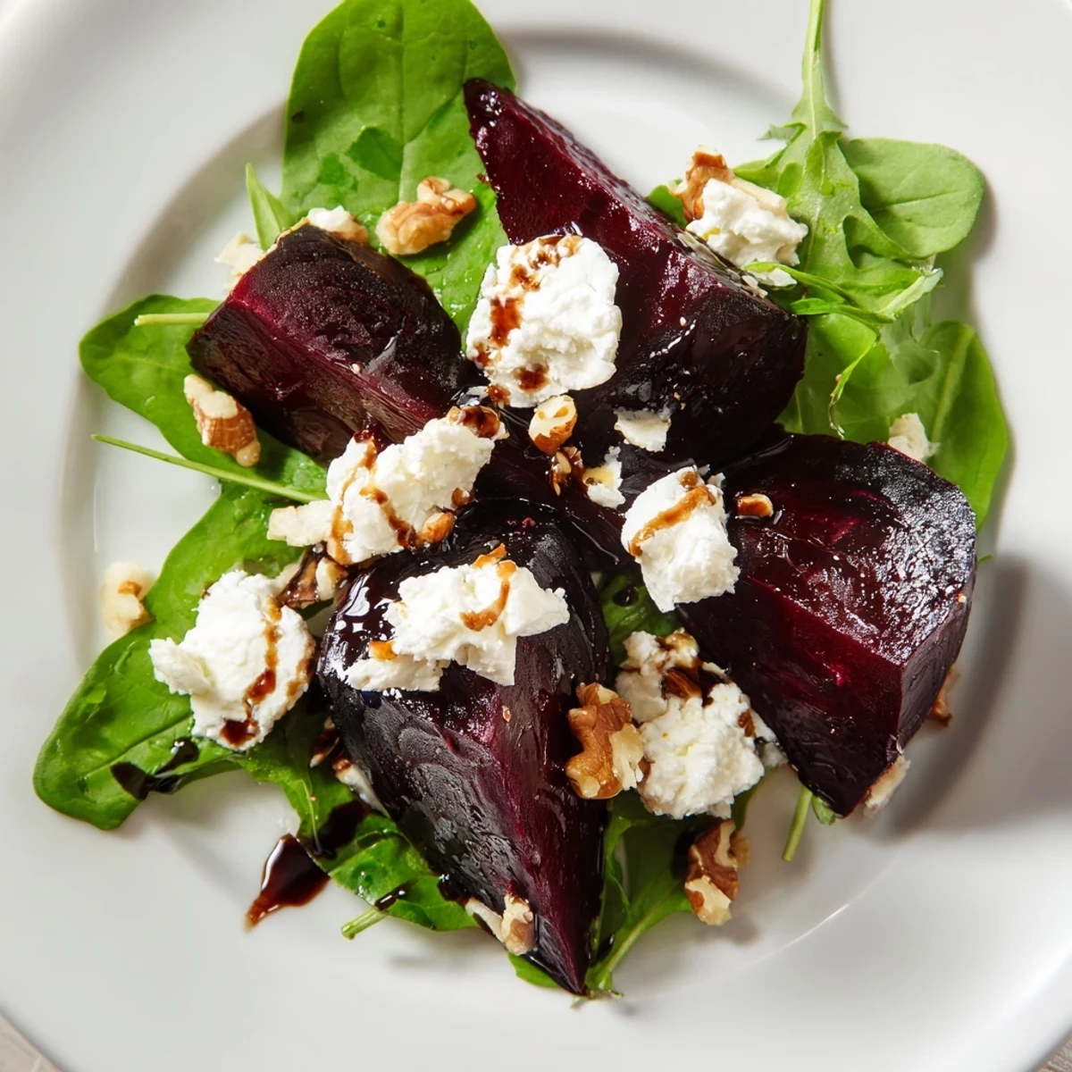 A vibrant platter of Roasted Beet Goat Cheese Salad with ruby beets and walnuts, perfect for a fresh vegetarian lunch.