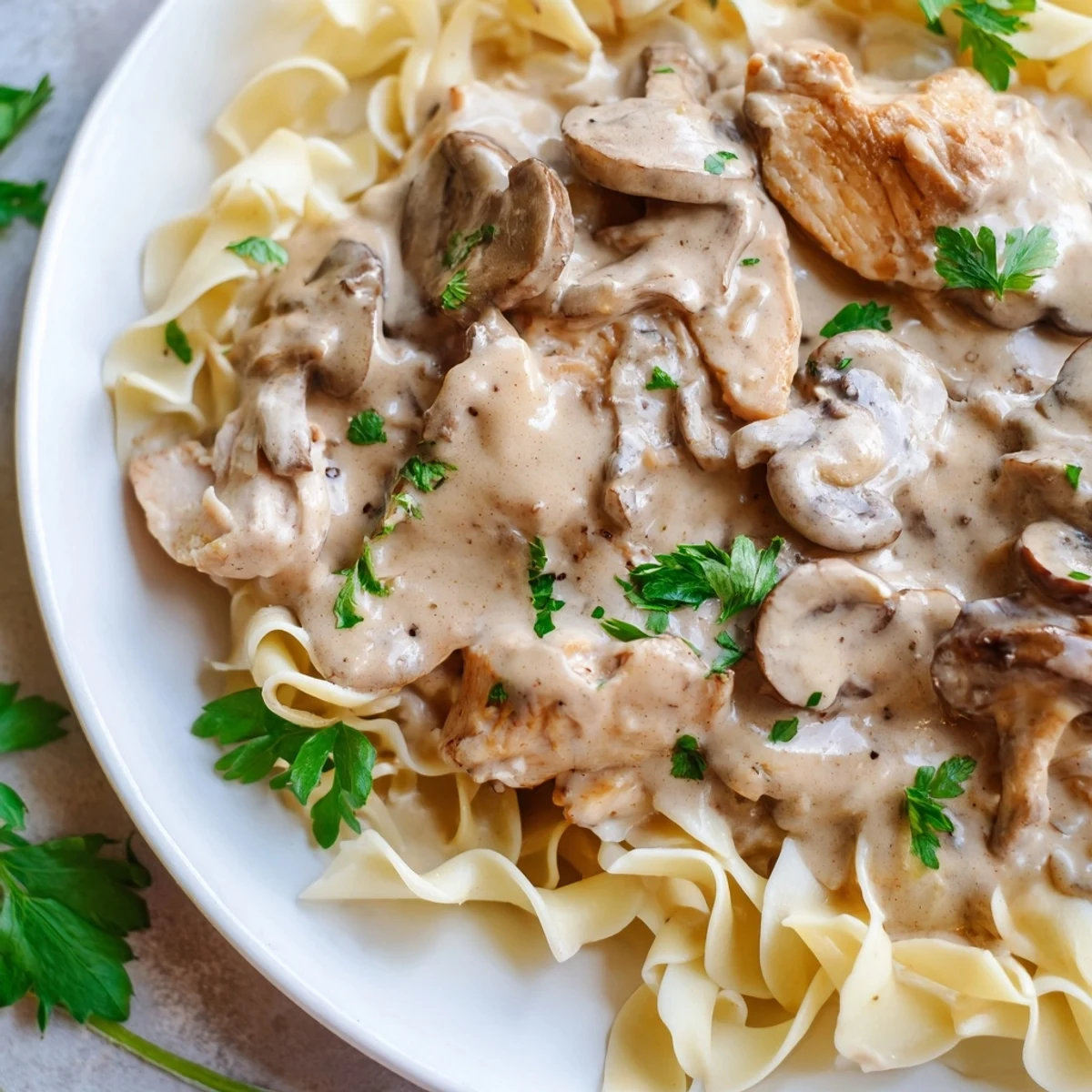Golden, tender chicken strips and sliced cremini mushrooms bathe in a creamy, paprika-infused sauce, ready to be served over a bed of buttery egg noodles.