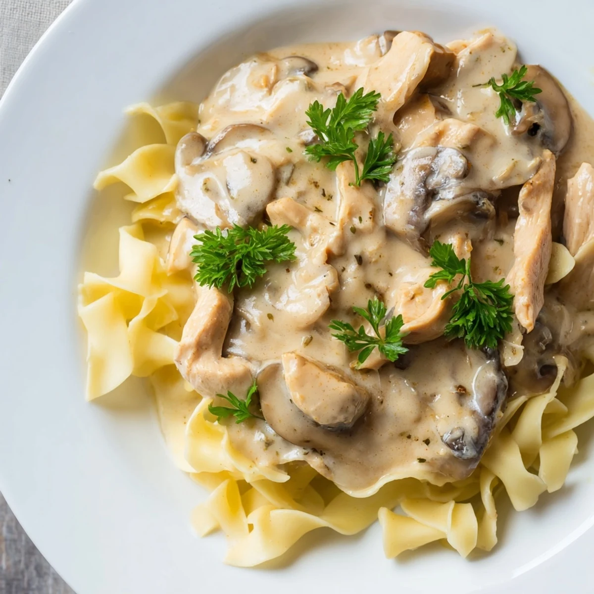 Steam rises from a hearty serving of Chicken and Mushroom Stroganoff, paired with egg noodles, perfect for a cozy weeknight family dinner.